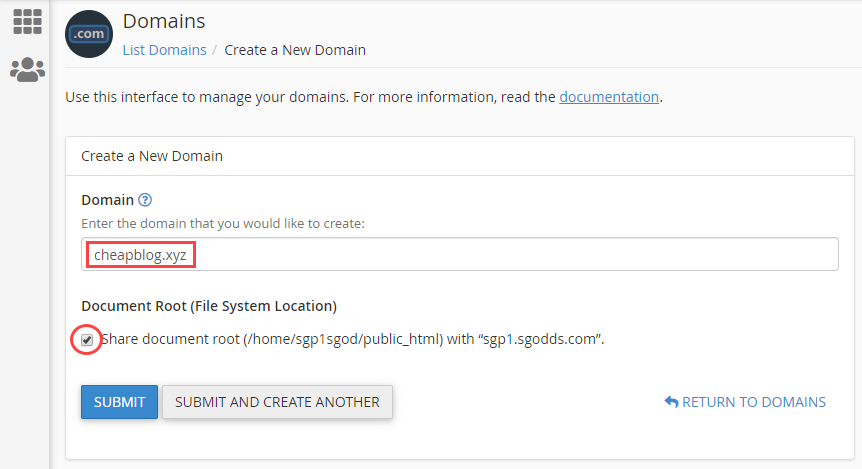 cPanel create domain