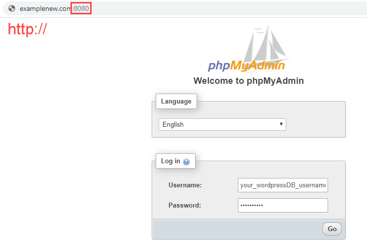 phpMyAdmin login port 8080