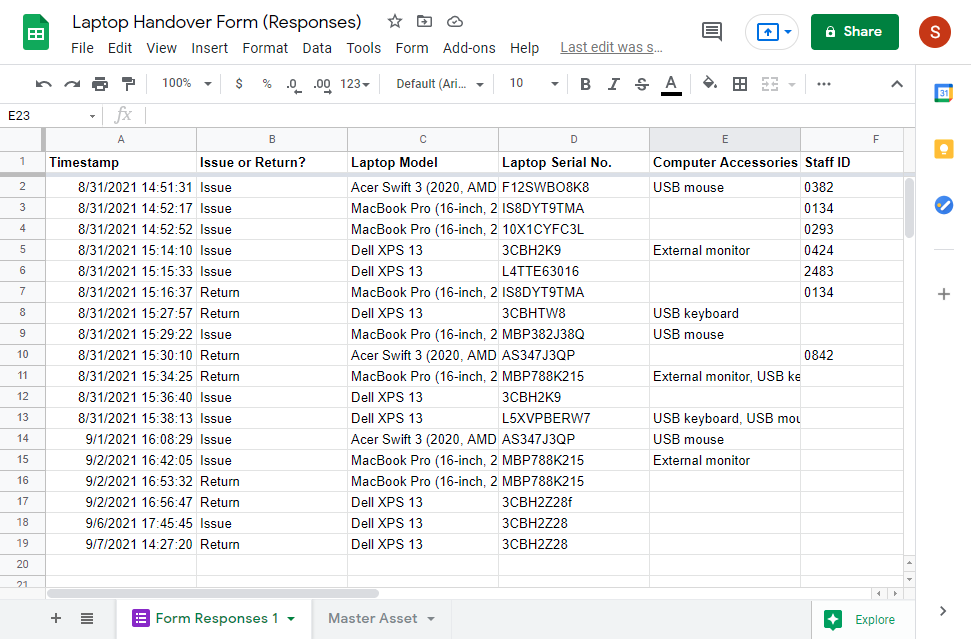handover form responses spreadsheet